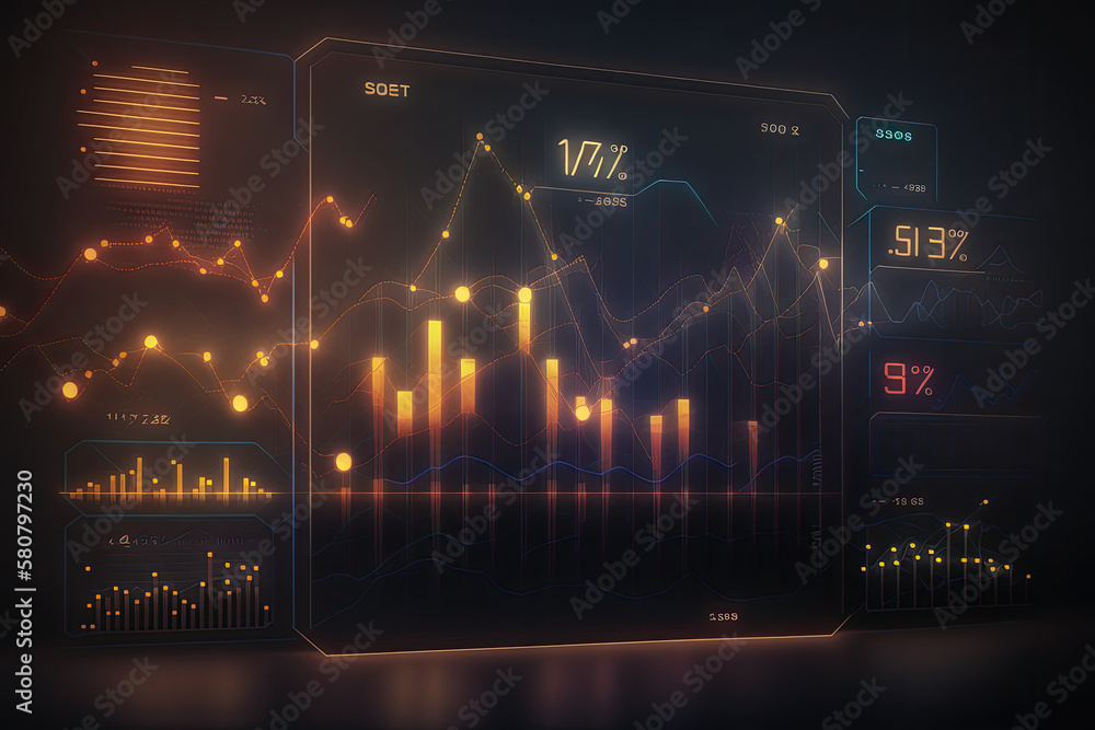 Aufkleber financial digital graphs, glowing lines and diagram on digital screen. data analytics for business s