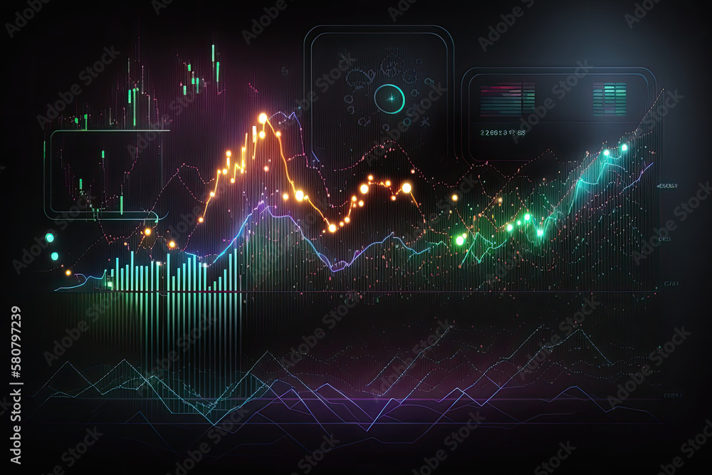 Poster financial digital graphs, glowing lines and diagram on digital screen. data analytics for business s