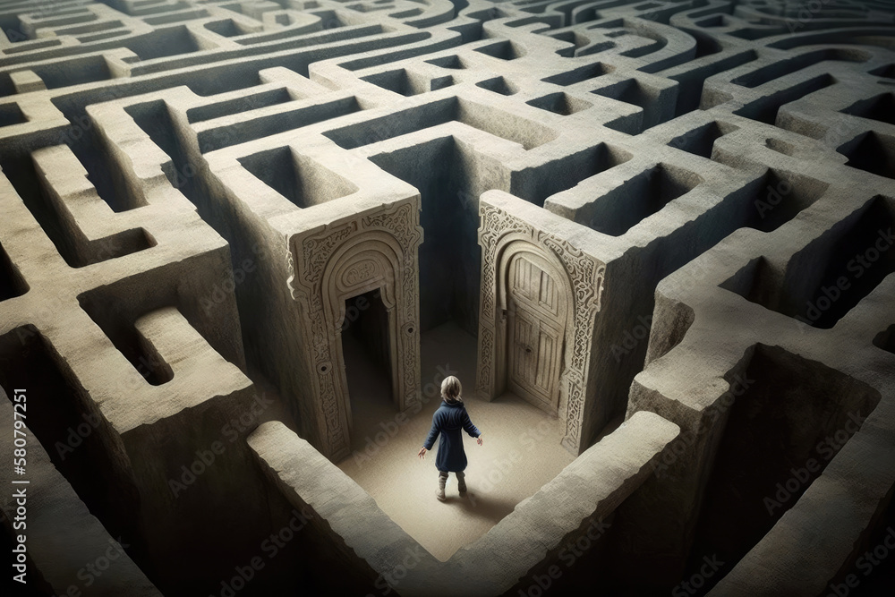 Poster man in maze is looking for way out. concept of finding right solutions in life. figure of man in lab