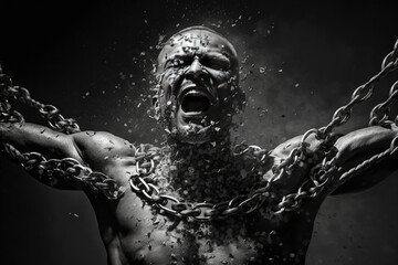 Person breaks chains on himself, frees himself from captivity of consciousness. Man emotionally gets rid of shackles, dark background. Created with Generative AI