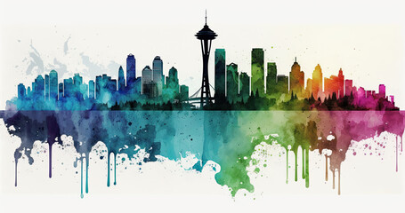 Space Needle with Seattle skyscrapers background watercolor landscape, light muted pastel colors, generative AI  finalized in Photoshop by me