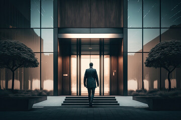 Successful man in business suit stands in front of entrance to an office building. Concept of success in life. Created with Generative AI