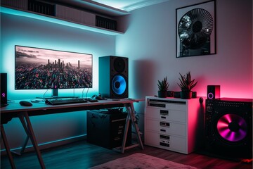 Immersive Gaming Space: Modern and Minimalist Room with Wide Angle Display and High-Tech Setup