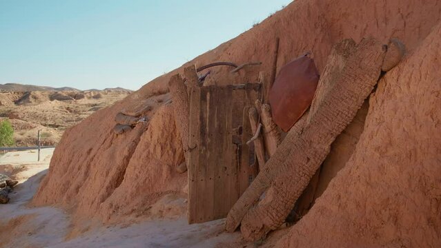 Entrance of underground building in old Matamata. Specific traditional houses dug out in ground by troglodytes.