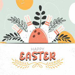 Сongratulation card Happy easter. Bowling theme. Egg is a bowling ball and bunnies are bowling pins