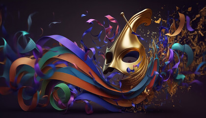Carnival Party - Venetian Mask With Abstract Defocused Bokeh Lights On Shiny Streamers - Masquerade Disguise Concept