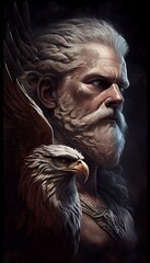 A powerful portrait of Zeus, king of the gods, with the head of an eagle, symbolizing his majesty and wisdom. Generative AI