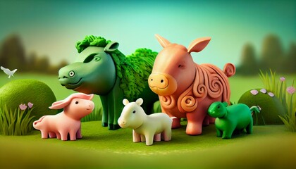 A group of adorable animals made out of clay, frolicking in a lush green field, The Clay Look style Generative AI