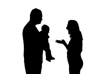 Silhouette of sad man and woman in a quarrel against, isolated on a white background. Divorce of husband and wife in the evening light of the home living room