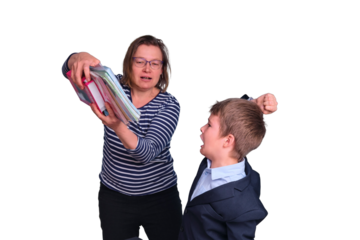 Conflict between a mother and a school boy who refuses to learn, isolated on a white background