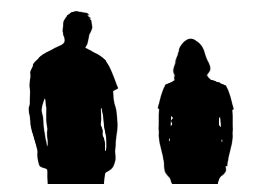 Silhouette of sad man and woman in a quarrel, isolated on a white background. Divorce of husband and wife in the evening light of the home living room