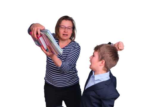 Conflict between a mother and a school boy who refuses to learn, isolated on a white background