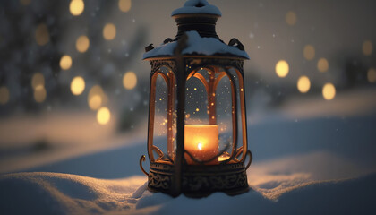 Christmas Lantern Glowing On Wooden Table With Decoration And String Lights - Bokeh And Glittering Effect On Background