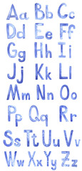 Handwritten aquarelle blue letters for writing words, book, card for education.Watercolor hand drawn painted kids alphabet of english language.Isolated