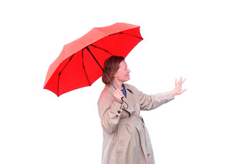 Adult happy woman with red umbrella, isolated on a white background