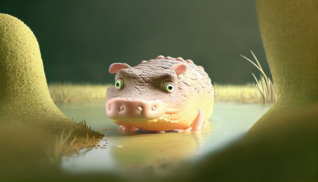  A plush chubby crocodile lurking in the water with only its eyes visible. Generative AI