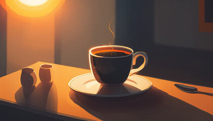 Obraz premium Cup of coffee in the morning with moody lighting. Generative AI.