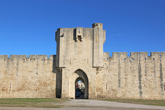 City walls and gatehouse in Aigues-Mortes in France	