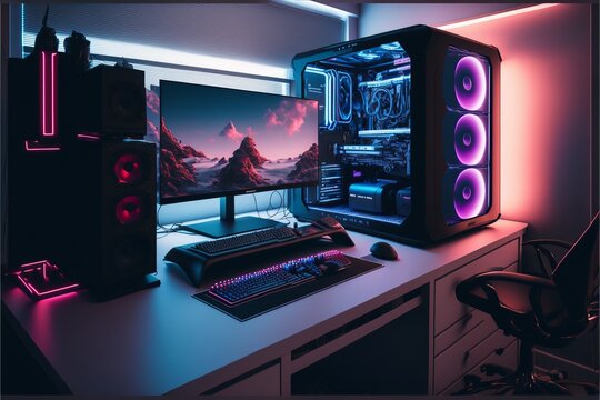 Gaming Setup with RGB Computer Case and Wide Angle Display