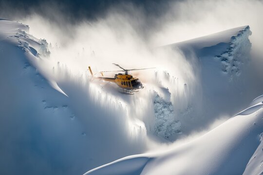 Helicopter taking of with group of freeriders snow mountain background,geanerative ai.