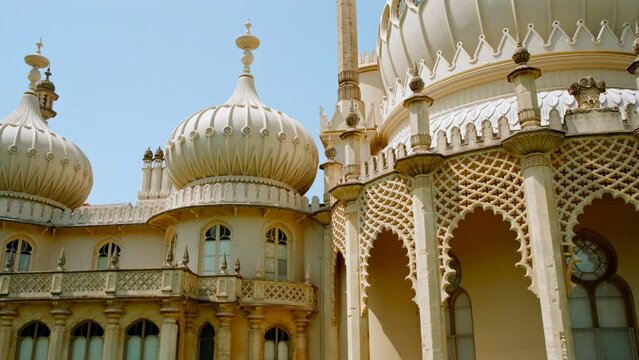 Close-up view of the stunning Royal Pavilion, also known as the Brighton Pavilion, a former royal residence completed in 1823