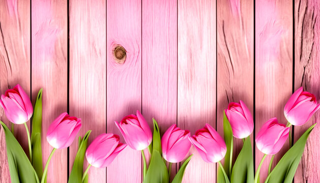 Pink tulips on a wooden surface, generative AI.
