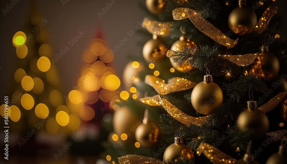 Poster a close up of a christmas tree with lights in the background and a blurry christmas tree in the fore