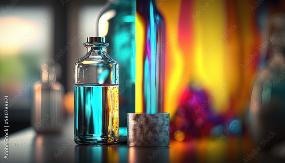 Poster a bottle of water next to a container of soap on a table with other bottles in the background and a 