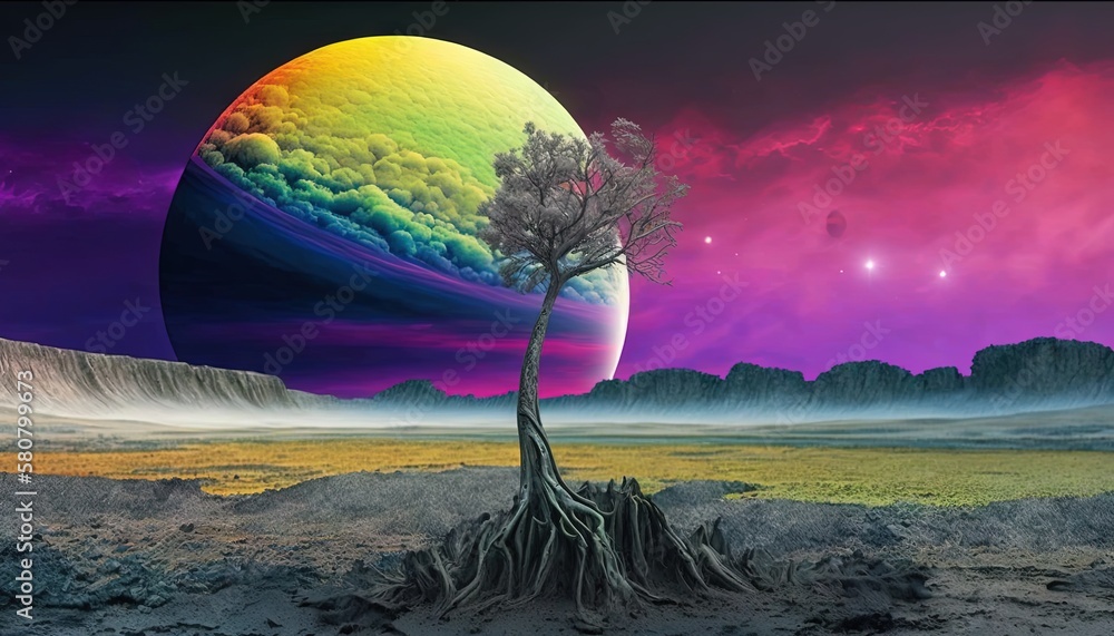 Poster a surreal landscape with a tree in the foreground and a distant planet in the background with a rain