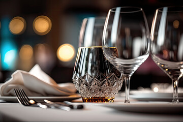 Low angle camera shot Empty glasses set in restaurant
