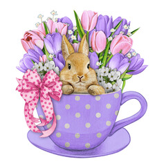 Watercolor hand drawn cute bunny in a tea cup