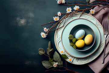 Easter table setting with blue and yellow eggs and flowers on dark background, flat lay, Easter decoration, greeting, copy space, happy Easter, generative ai
