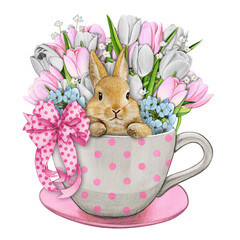 Watercolor hand drawn cute bunny in a tea cup