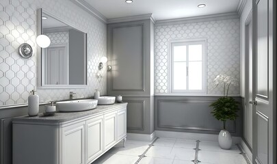  a bathroom with a double sink and a large mirror on the wall.  generative ai
