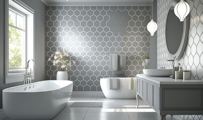 Naklejka na ściany i meble a bathroom with a tub, sink, mirror and toilet. generative ai