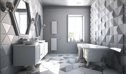  a bathroom with a bathtub, sink, and mirror.  generative ai