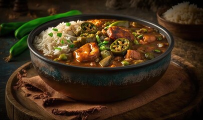  a bowl of food with rice and vegetables on a table.  generative ai