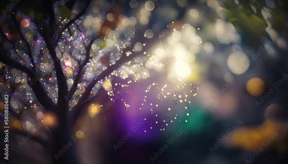 Poster a blurry photo of a tree with a lot of lights in the back ground and a blurry image of a tree with l