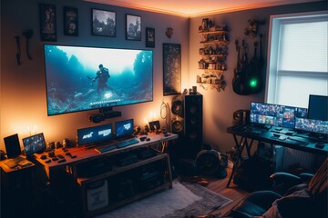 Gaming Setup with RGB Computer Case and Wide Angle Display