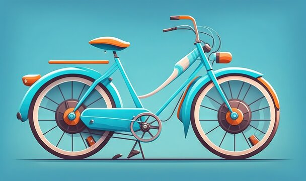  a blue bicycle with orange rims on a blue background.  generative ai