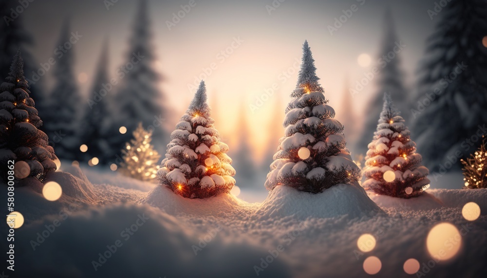 Aufkleber a snowy scene with christmas trees in the foreground and lights on the trees in the background in th