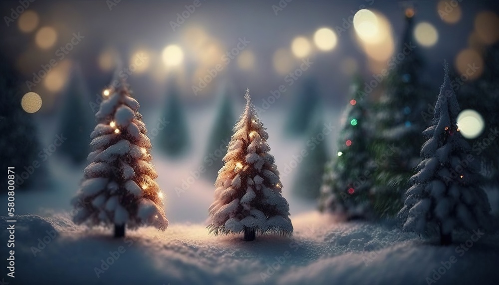 Poster  a snowy scene with small christmas trees and lights in the background and boke of lights on the trees in the foreground, and a blurry background.  generative ai