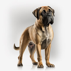 Obraz premium Giant dog breed bullmastiff portrait isolated on white close-up, lovely home pet, ai generative