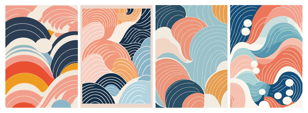 A set of backgrounds for text, landscape psychedelic hippie art, a frame of stylized waves. 