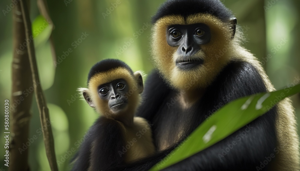 Aufkleber  a mother and baby monkey in a forest with a leaf in its hand and another monkey in the background with a leaf in the foreground.  generative ai