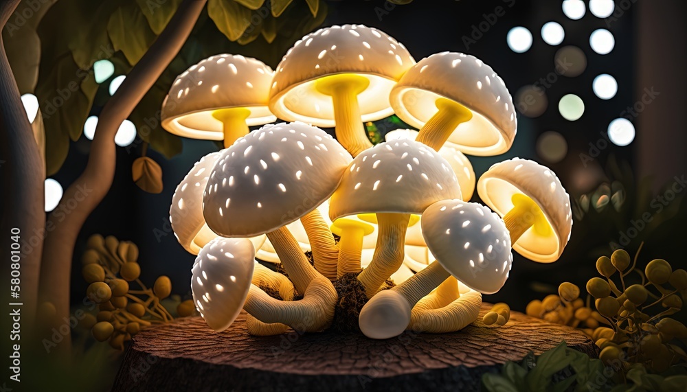 Poster a group of mushrooms sitting on top of a table next to a forest filled with trees and flowers at nig