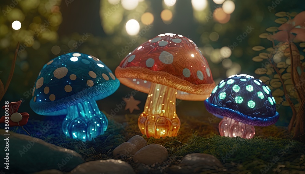 Poster three glowing mushrooms in a forest with rocks and trees in the background, with stars and dots on t