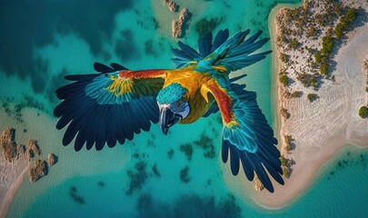  a colorful bird flying over a beach next to a body of water.  generative ai
