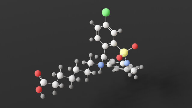 tianeptine molecule, molecular structure, tricyclic antidepressant, ball and stick 3d model, structural chemical formula with colored atoms