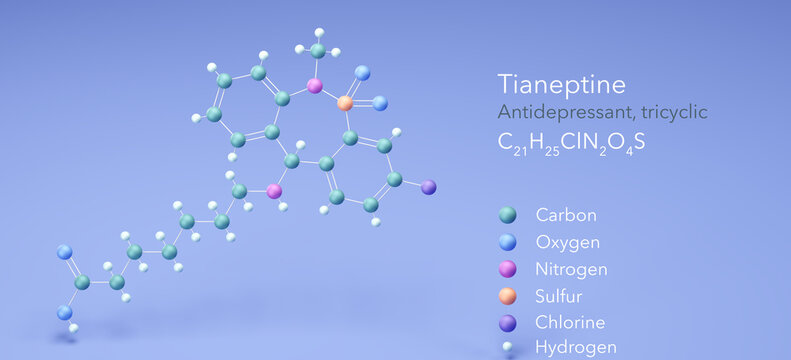 tianeptine molecule, molecular structures, tricyclic antidepressant, 3d model, Structural Chemical Formula and Atoms with Color Coding